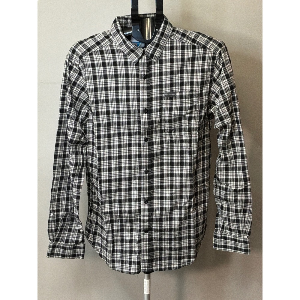 Columbia Plaid Flannel Shirt Mens M Black White Outdoor Gorpcore Button Down